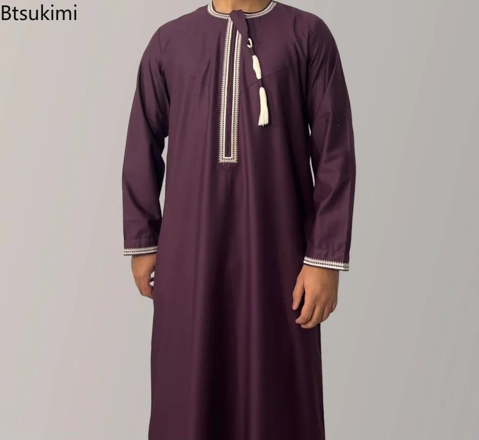 New 2026 Men's Muslim Abayas Dress Long-sleeved Pullover Kaftan Robe Men Jubba Thobe Pakistan Saudi Arab Caftan Islamic Clothing