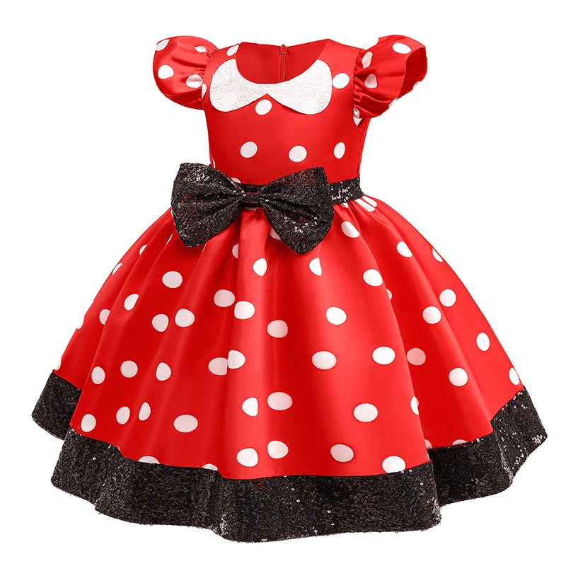 Polka Dot Bow Sequin Princess Dress for Girls - Fly Sleeve Costume for Christmas & Halloween Fun