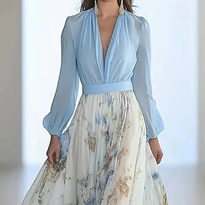 Fashion Floral Print Patchwork Bohemian Dress Woman Sexy Deep V Neck Hollow Long Dresses New Spring Puff Sleeve Loose Maxi Dress