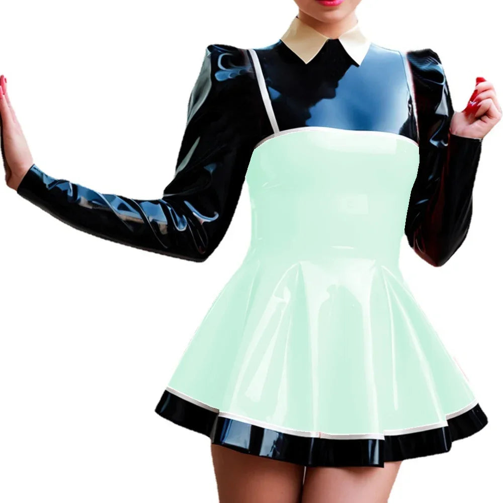Curvy Couture Plus Size A-Line Patchwork Mini Dress - Long Puff Sleeves, PVC Leather for Night Out Style