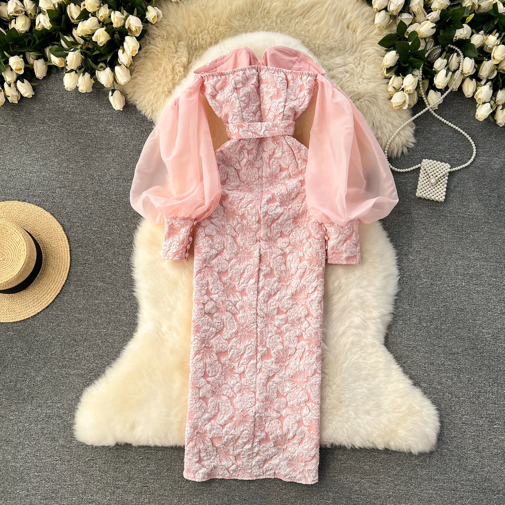 Vintage Chic Sequin Bishop Sleeve Off-Shoulder Slim Tube Dress