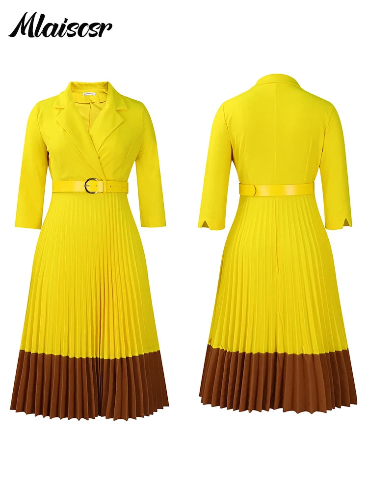Mlaiscsr Elegant Long Sleeve Solid High Waist A Line Pleated Dress with Belt Women Office Lady African Birthday Evening Vestidos