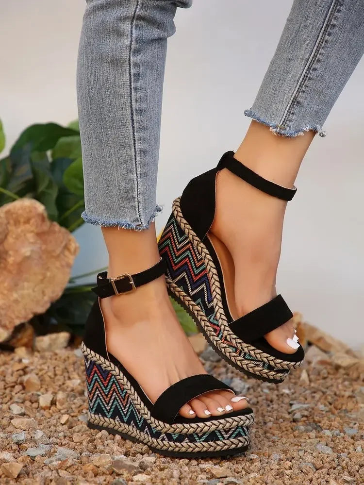 Summer New European and American Fashion Simple Ethnic Style Slope Heel Sandals with One Button High Heel Women's Shoes 2025