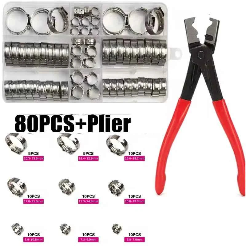 45/80/130pcs Stainless Steel Ear Clamps, Worm Drive Hose Clips, Fuel & Water Pipe Clamps + 1pc Clamp Pliers