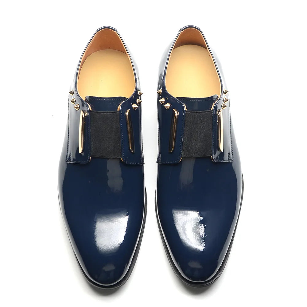 Luxury Men's Party Evening Dress Shoes 2024 Natural Cowhide Patent Leather Gold Rivets Suits Loafers Elastic Band Slip-on Derby