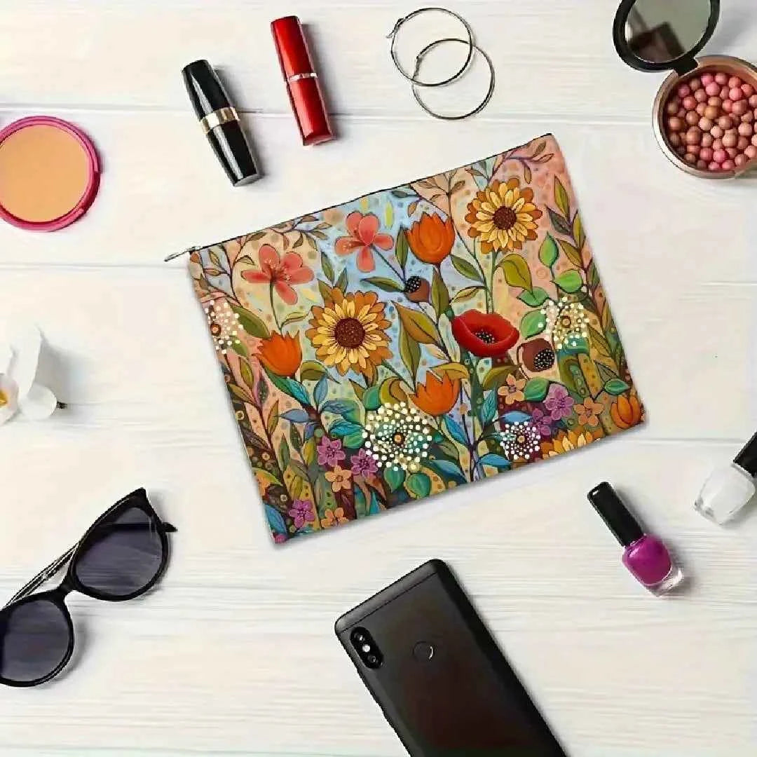 Floral Charm Makeup Bag - Stylish Zipper Pouch for Jewelry & Essentials Storage