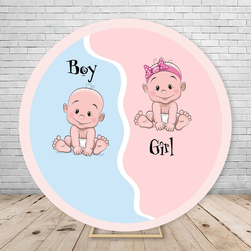 Gender Reveal Backdrop Round Cover Watercolor Cloud Bear Party Decor He or She Oh Baby Shower Photography Background Elasticity
