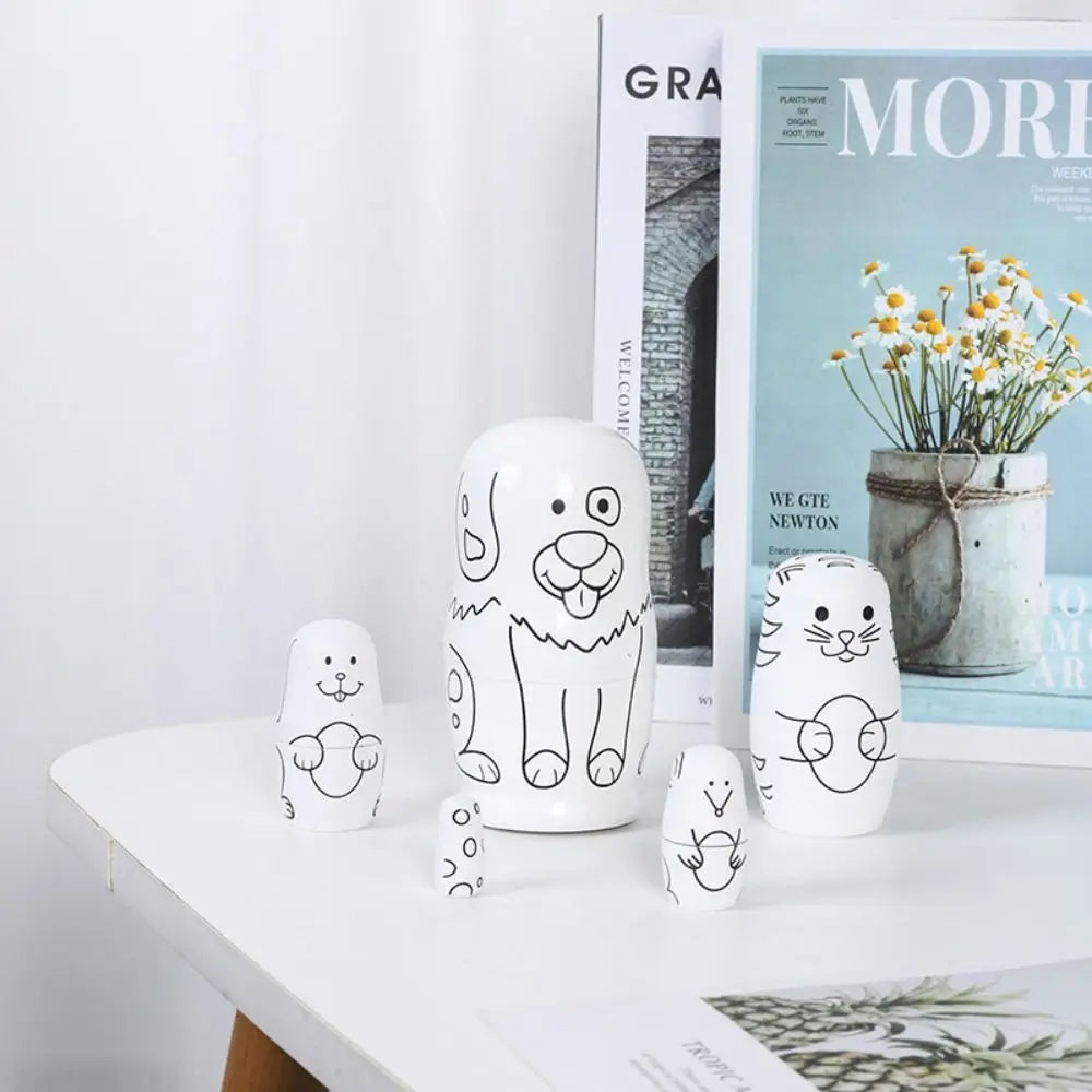 Rabbit 5Pcs/Set Animal Matryoshka Doll Wood Smooth Wooden Stacking Dolls Line Dog Panda Girls Russian Doll Christmas