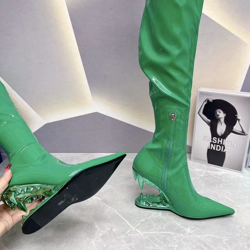 Women's Pointed Tiger Teeth Heel Knee High Elastic Boots Fashionable Over-the-Knee Super High Heel Banquet Show Shoes Autumn Winter
