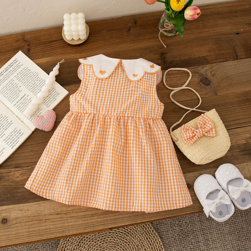 (0-3 Year Old Checkered Baby Girl Dress) Summer New Sweet White Petal Collar Children'S Sleeveless Clothes Free Package