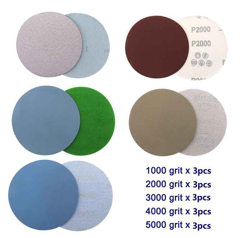 15PCS 125mm Inches Grit 1000 2000 3000 4000 5000 Sanding Discs Hook Loop Sandpaper Round Disk