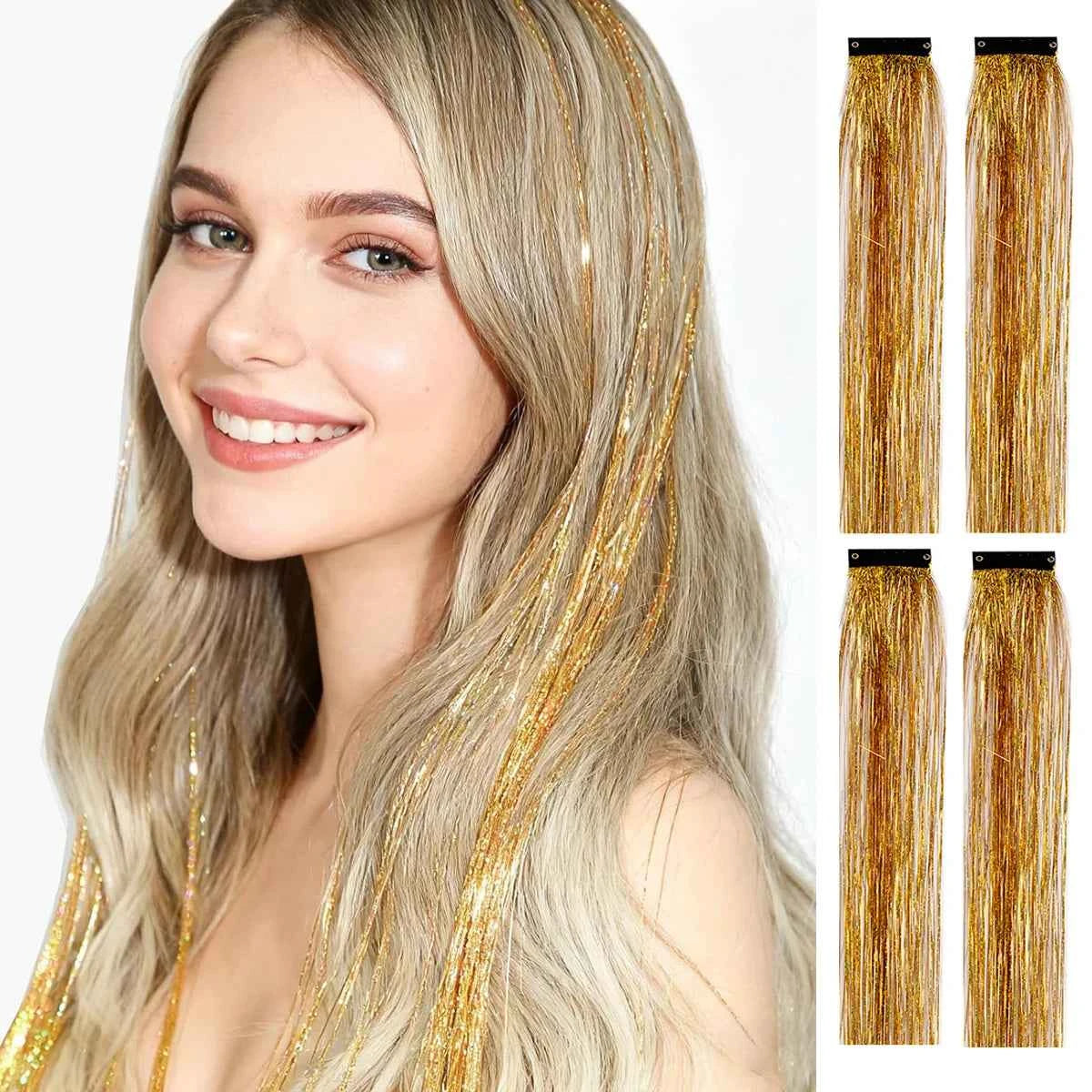 Sparkle & Shine Hair Tinsel Clips - 4 Colorful, Heat-Resistant Glitter Extensions for Festivals & Parties