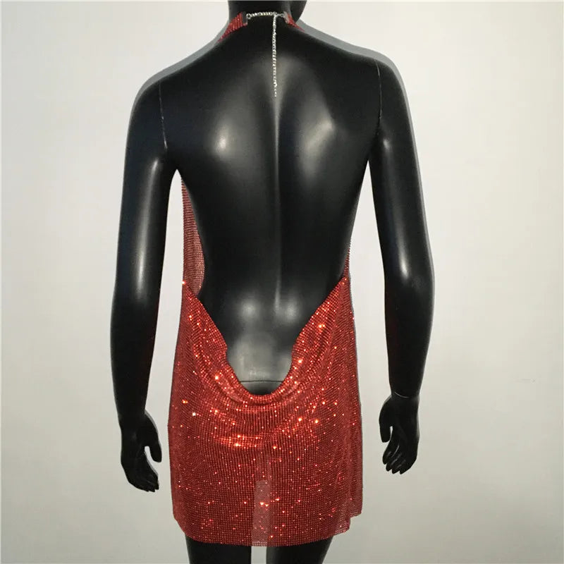 Bling Backless Rhinestone Dress - Sexy Deep V Neck, Sleeveless, Side Split Halter for Nightclub & Party