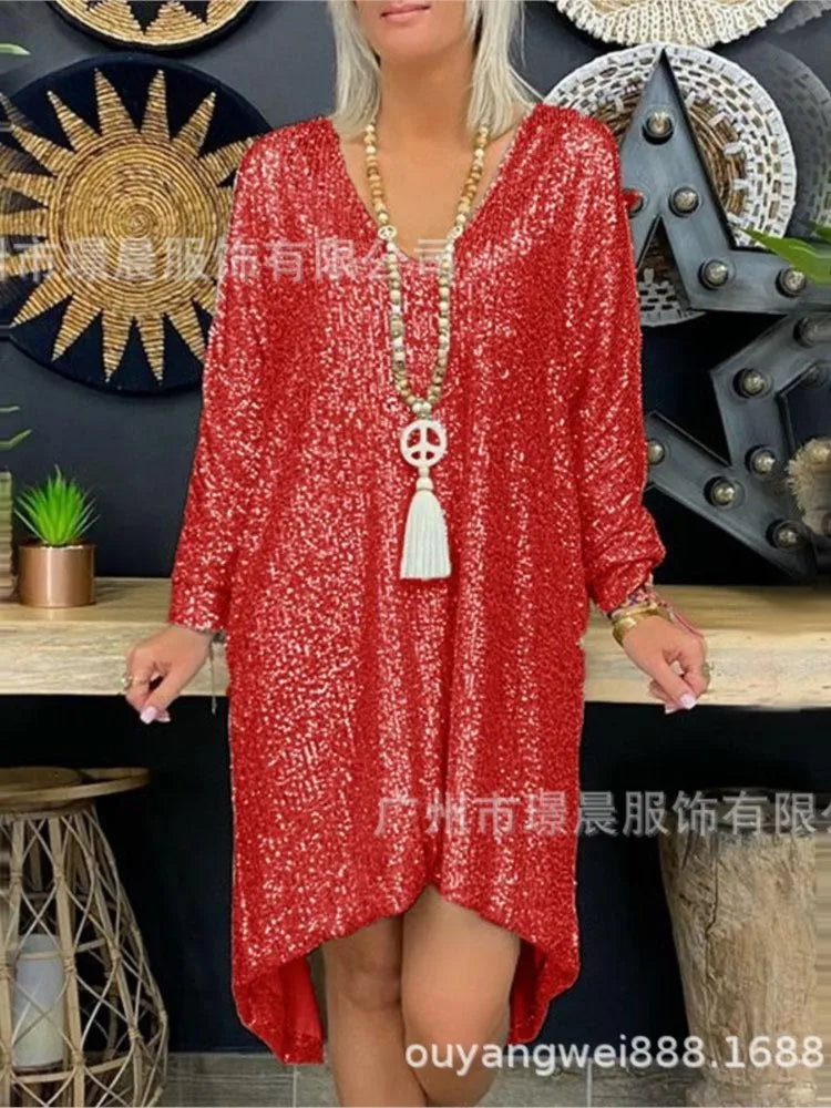 Trendy Solid Color Sequin Dresses Women V-neck Long Sleeve Loose Irregular Mini Dress Lady Commuting Vestidos Spring Autumn New