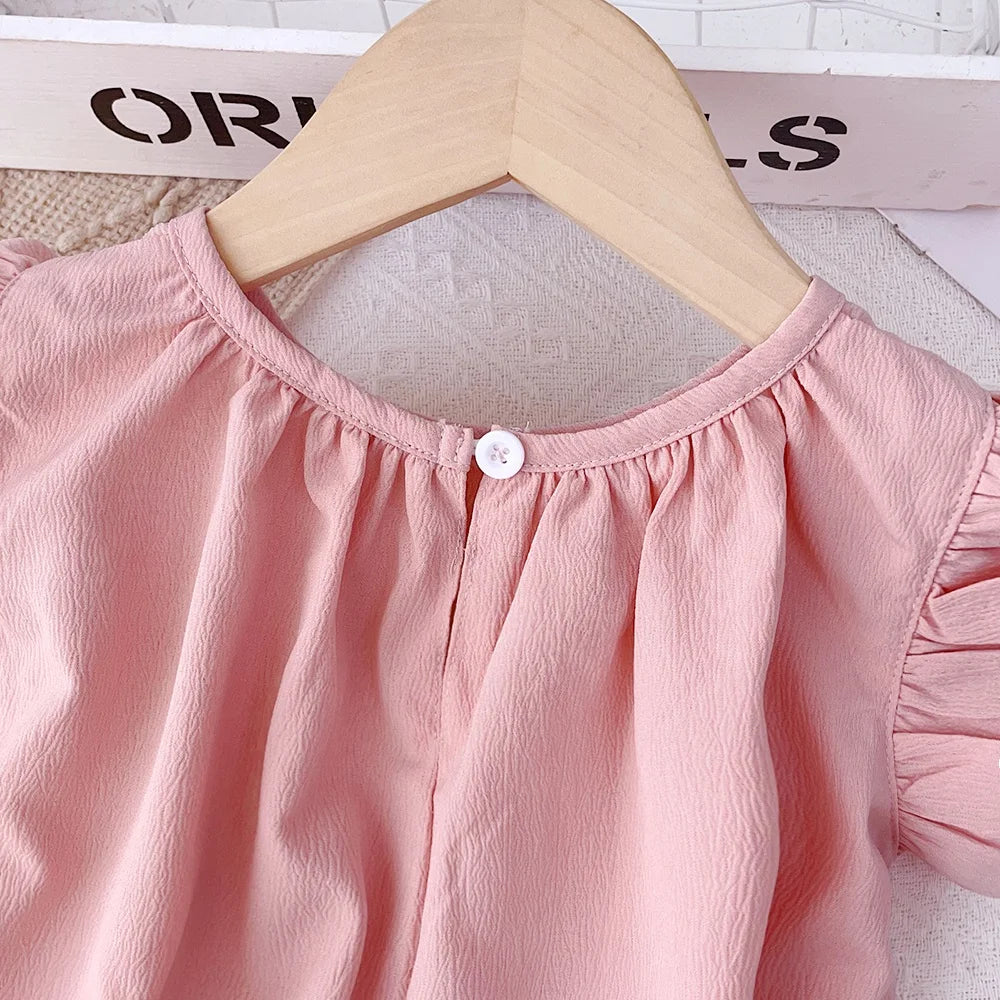 Bear Leader 3-7Y Baby Girls Princess Dresses Round Neck Summer Solid Color Kids Dress Flying Sleeve Pleated Pink Girl Clothes