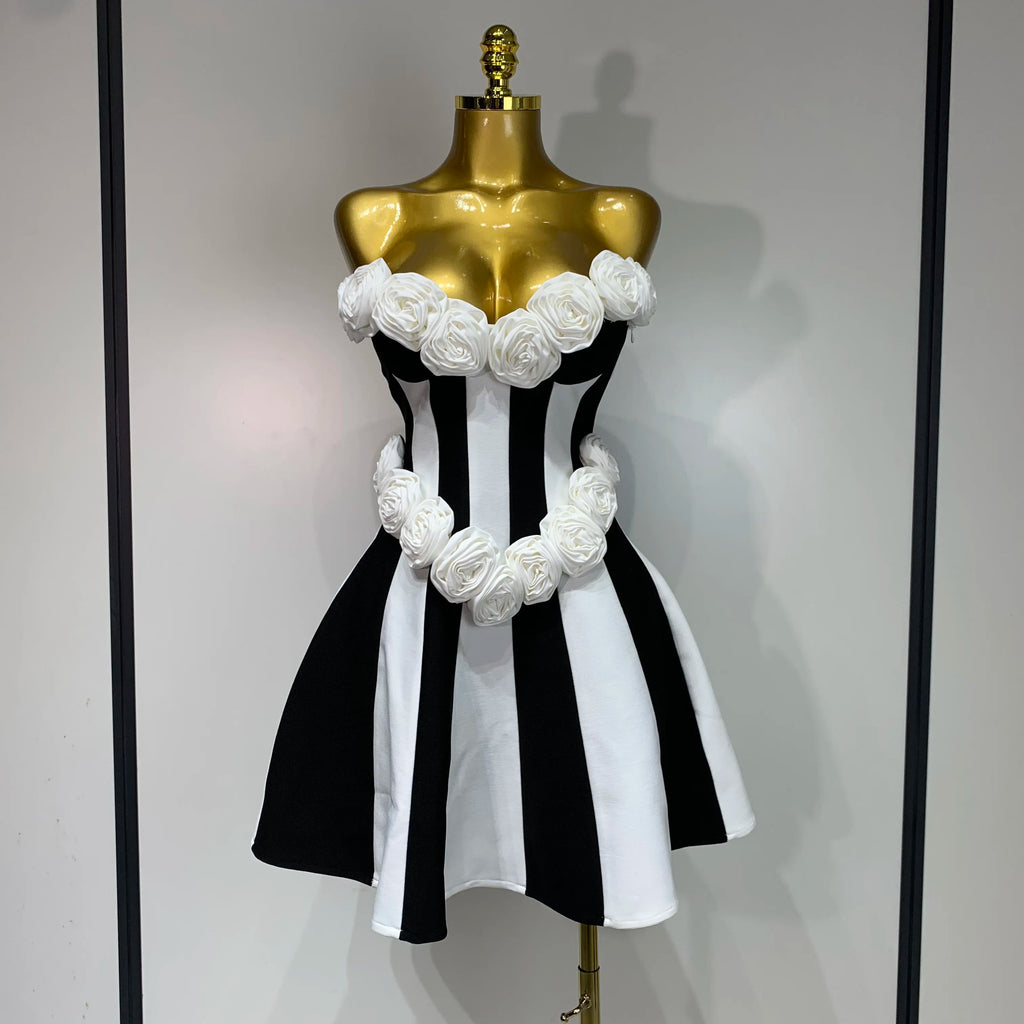Women Flower Decoration Strapless Black White Stripe Bandage Short Dress Cocktail Party 2025 Elegant Evening Club Party Dress