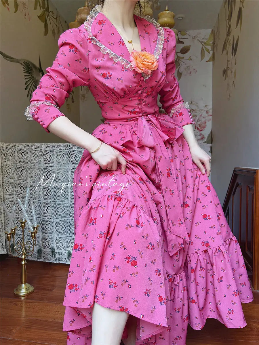 Rose Red Flower Autumn Long Sleeve French Vintage Dress V-neck Waist Cinched Slimming Ruffle Large Swing Long Dress for Women