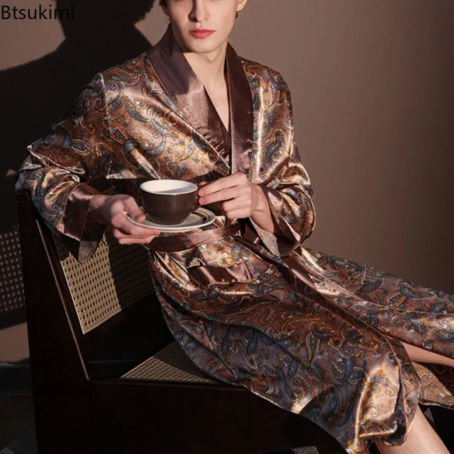 Men's Thin Bathrobe High Quality Nightrobes One-Piece Robe Male Loungewear Gents Spring and Autumn New Ice Silk Printed Pajamas