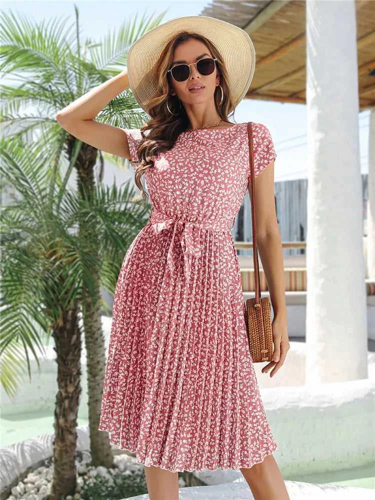 Msfilia Summer Print Pleated A Line Long Dress Women Short Sleeve High Waist Spring Round Neck Chic Dress with Belt The jack market .AU The jack market .AU Woman Fashion $ 88 14:200004870#Flower NavyBlue;5:100014065