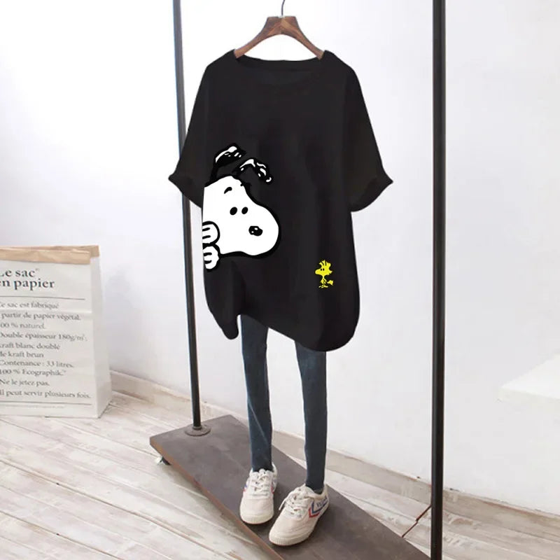 new Snoopy women's loose large version top summer short-sleeved t-shirt women's cotton mid-length cartoon women