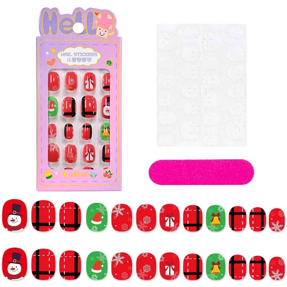 24pcs Princess Girls Christmas Press On Nails Candy Color Kawaii Christmas Tree Snowman False Nails New Year Children Fasle Nail