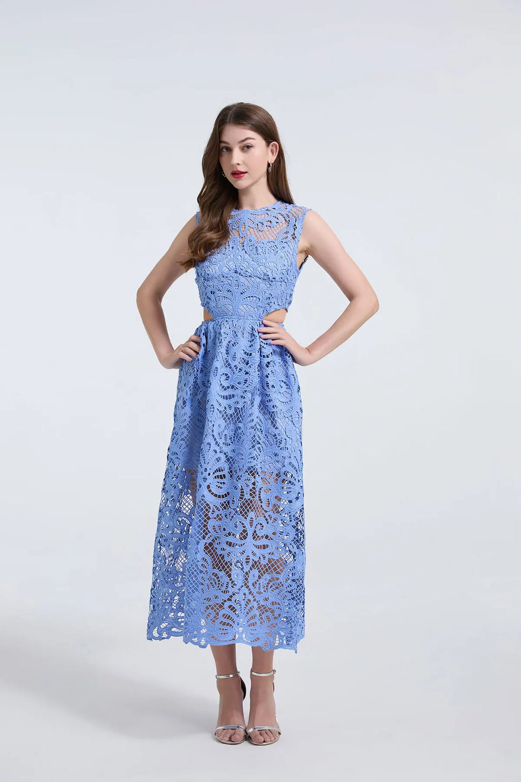 Women's Lace Embroidery Evening Dress – Elegant Midi Party Dress