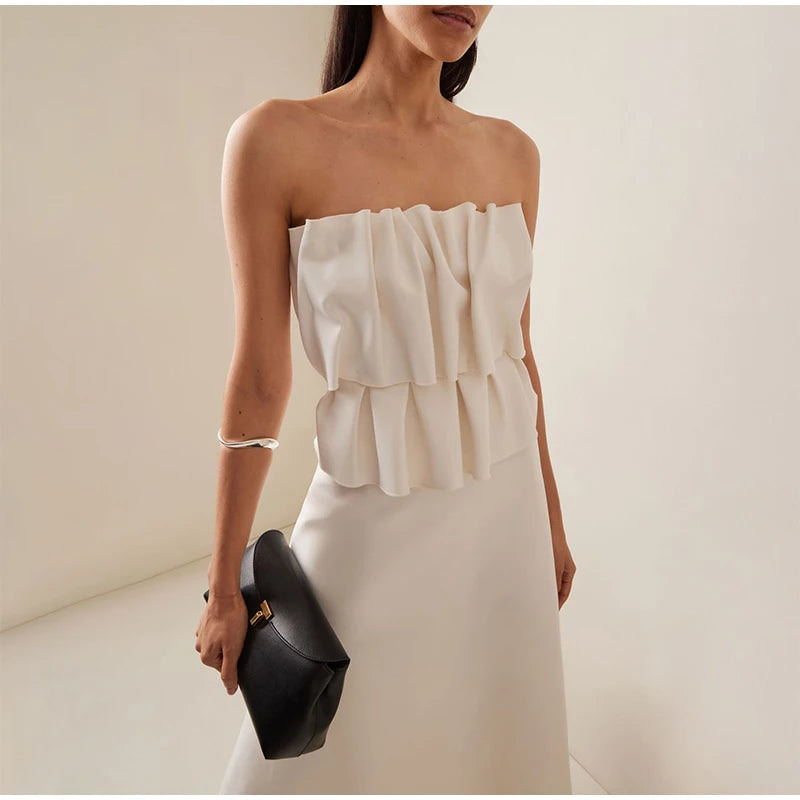Elegant Pleated Sleeveless Long Dress Women White Slim Tube Party Dresses Female 2026 Spring New Fashion Street Maxi Robes