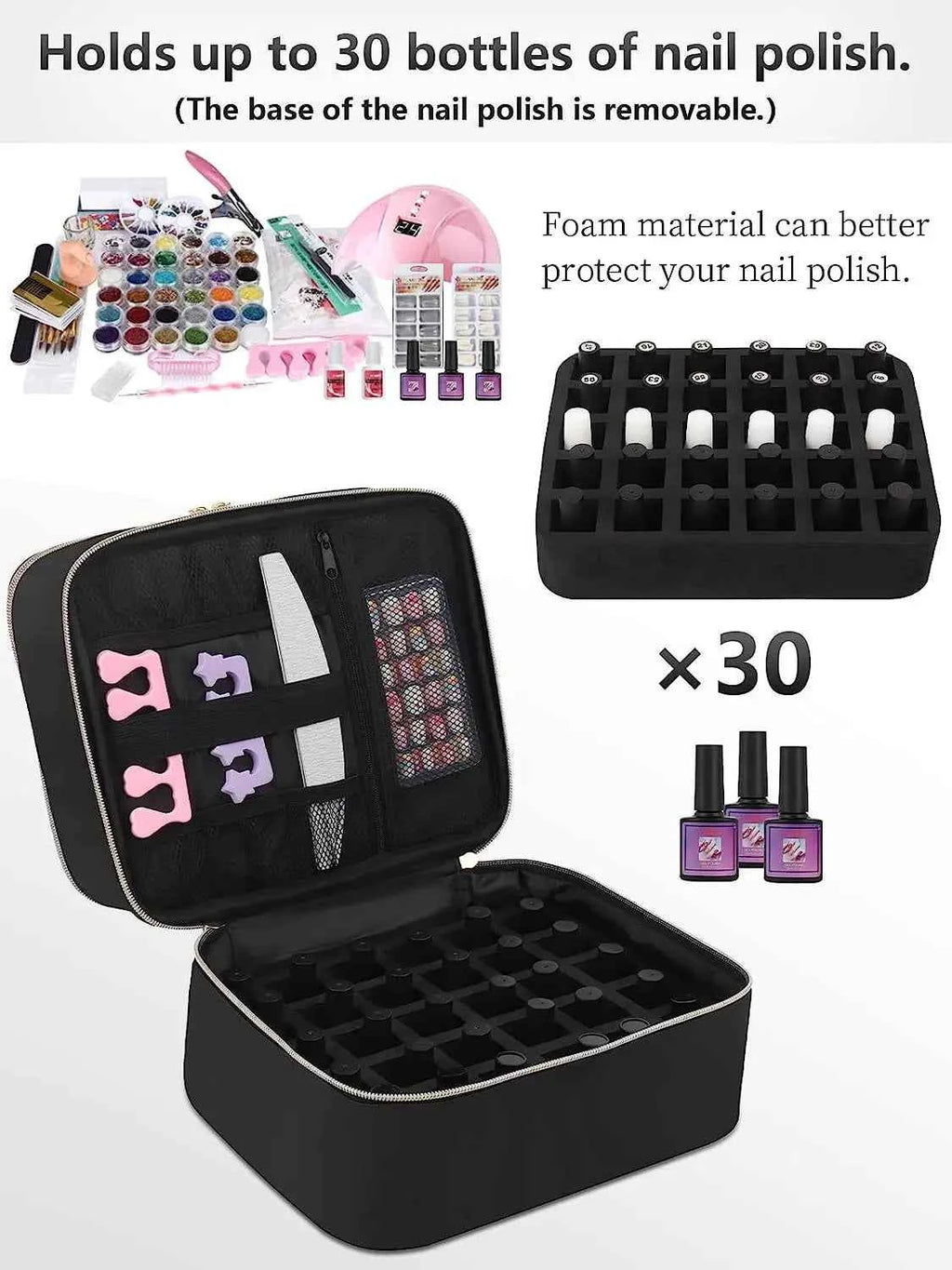 30 Bottle Black Nail Polish Storage Bag Essential Oil Case Cosmetic Handbag Organizer Travel Bag Large Capacity Two Layer