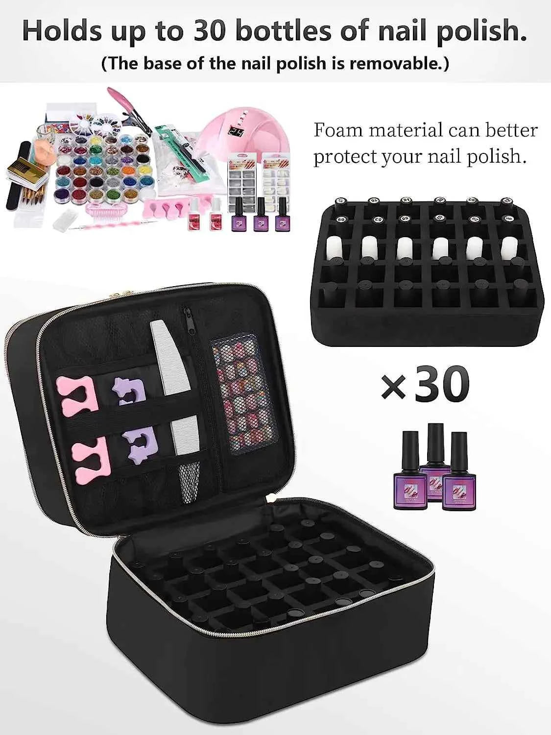 30 Bottle Black Nail Polish Storage Bag Essential Oil Case Cosmetic Handbag Organizer Travel Bag Large Capacity Two Layer