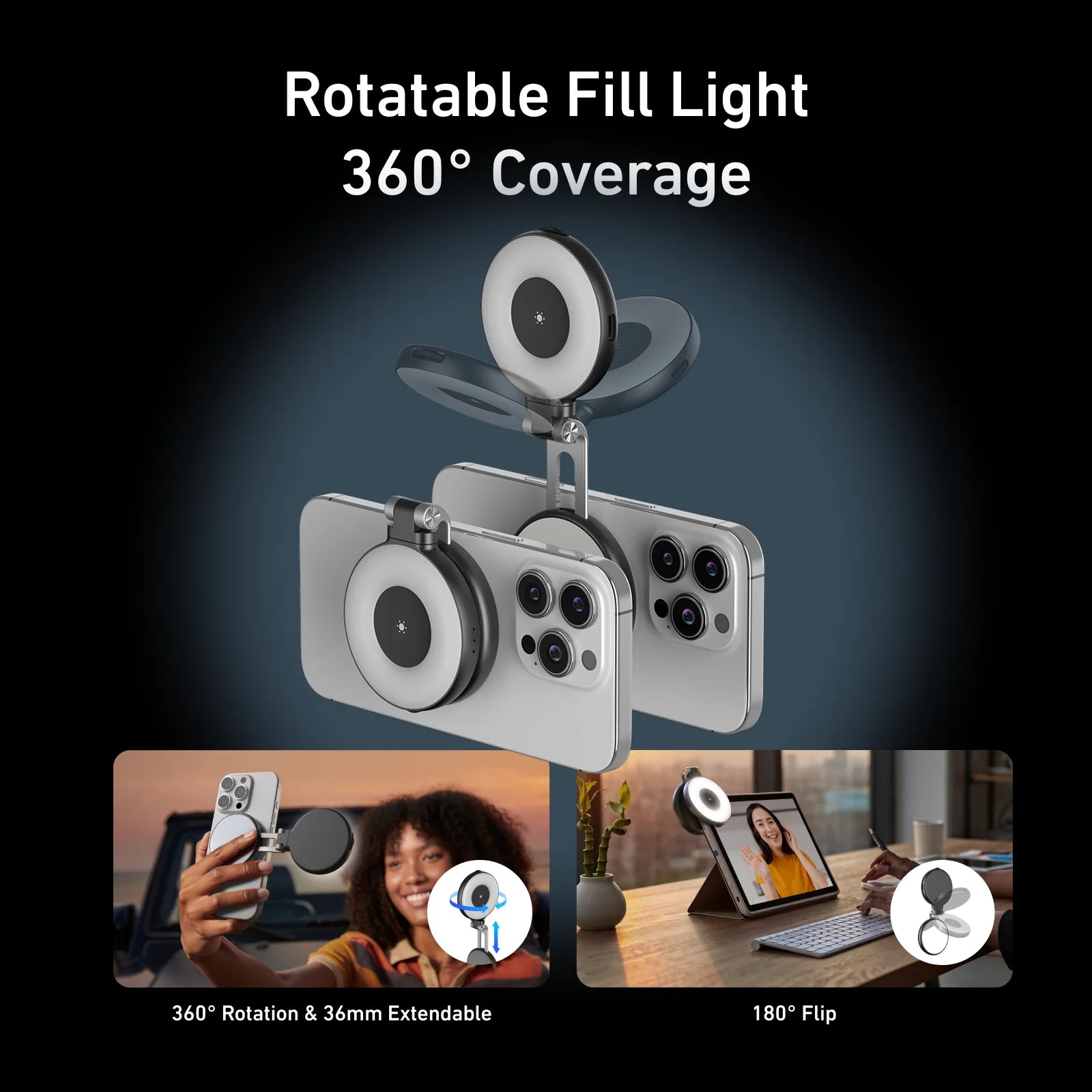 TELESIN Magnetic Fill Light Mini Selfie Light 3 Modes Adjustable Brightness with iPhone Magsafe 360° LED Selfie Ring Fill Light
