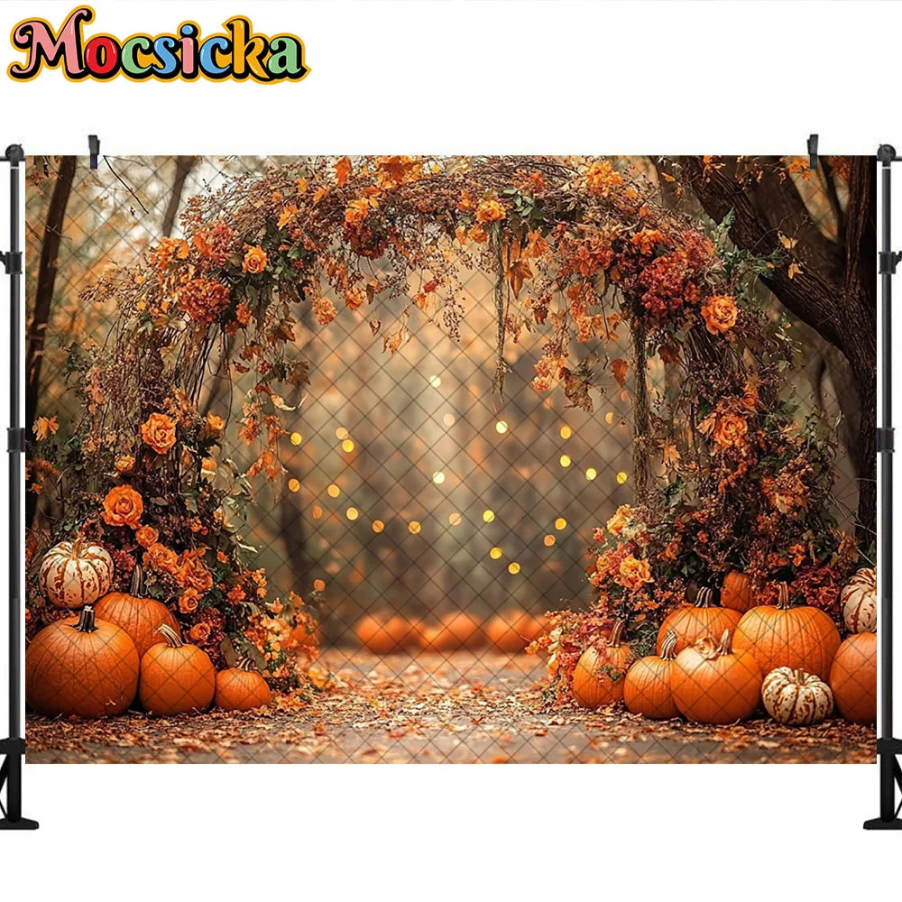 Mocsicka Photography Backdrop Autumn Pumpkin Maple Leaves Decoration Fall Portraits Photo Supplies Backgrounds For Photographs