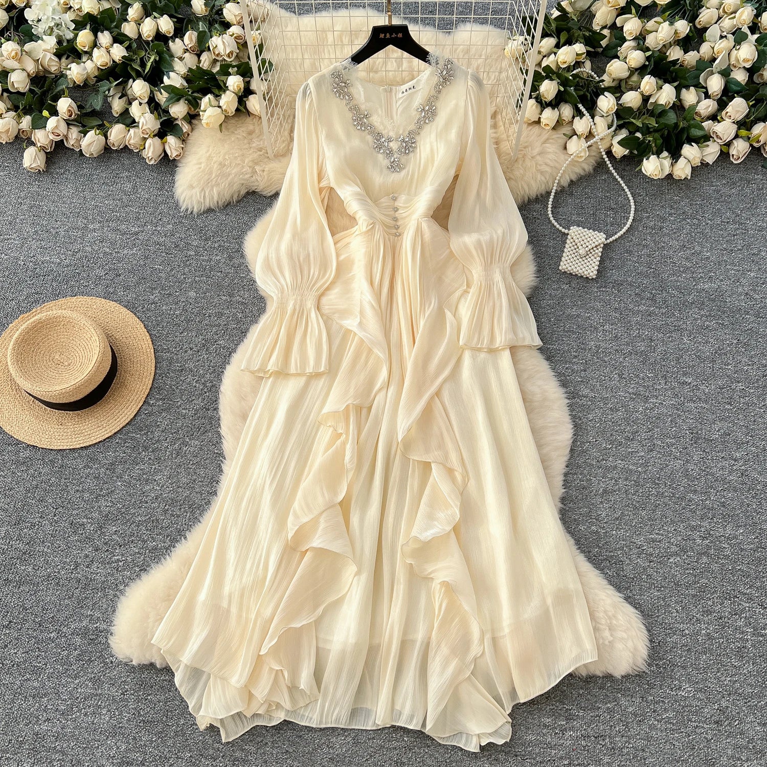 Spring Autumn Women Party Long Dress Elegant Female Red/Purple/Beige/Black Diamonds Patchwork Ruffle A-Line Maxi Vestidos New
