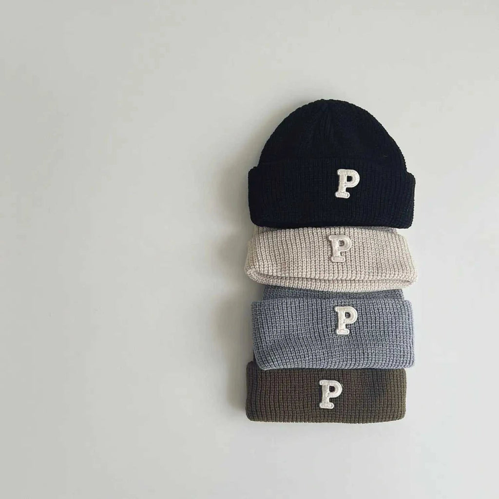 Autumn Winter Baby Knitted Hat Solid Color P Letter Infant Boy Girl Beanie Cap Casual Warm Toddler Crochet Bonnet Hat