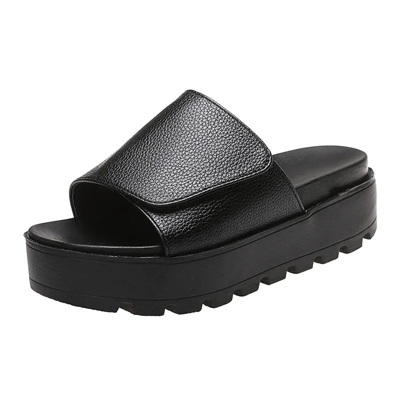 Rimocy Black PU Leather Platform Slippers Women Plus Size 43 Thick Soled Sandals Woman 2025 Summer Non-slip Slides Shoes Female