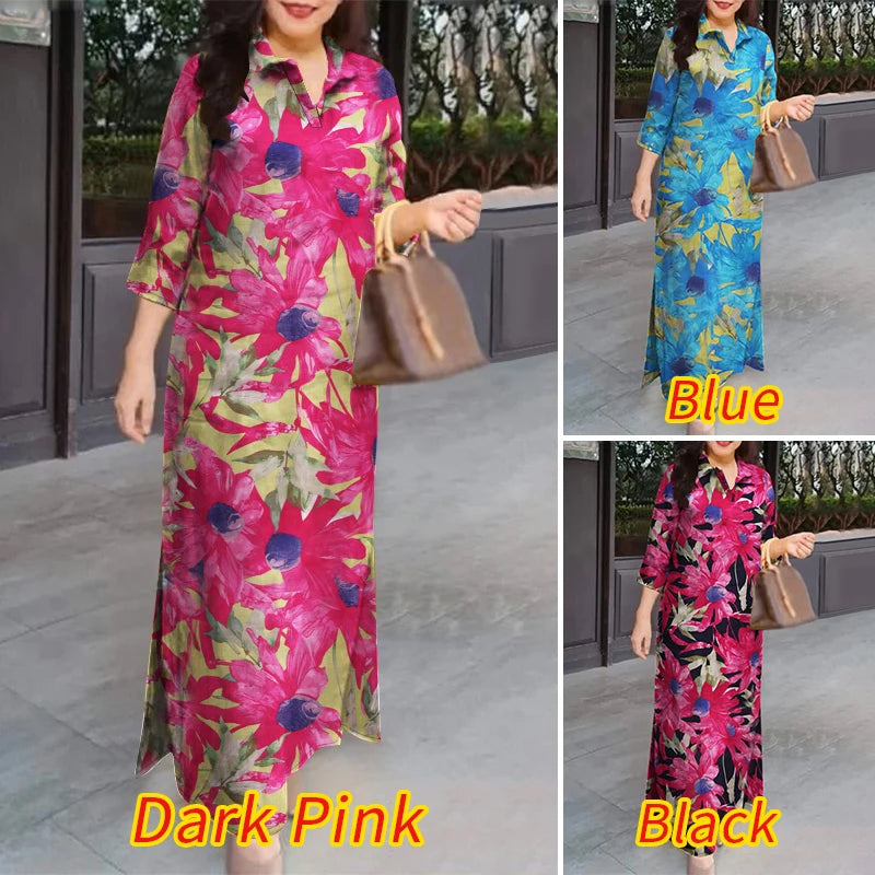 ZANZEA Floral Print Maxi Dress with Slit Hem & 3/4 Sleeves - Effortless Chic for 2024 Commute