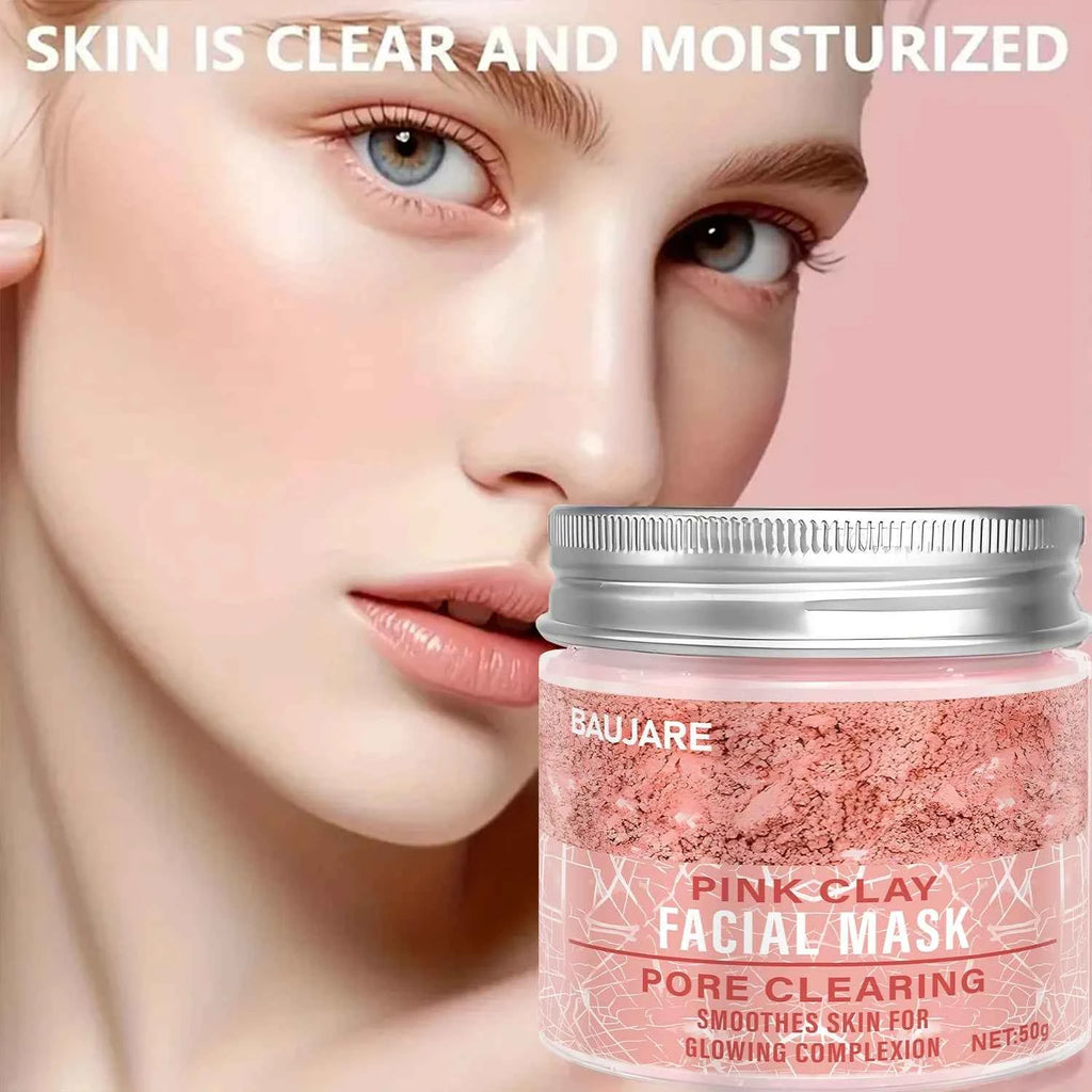 Pink Clay Facial Mask: Pore Clearing, Removes Dirt, Smooths Skin, With Collagen/Biotin for Glowing Complexion