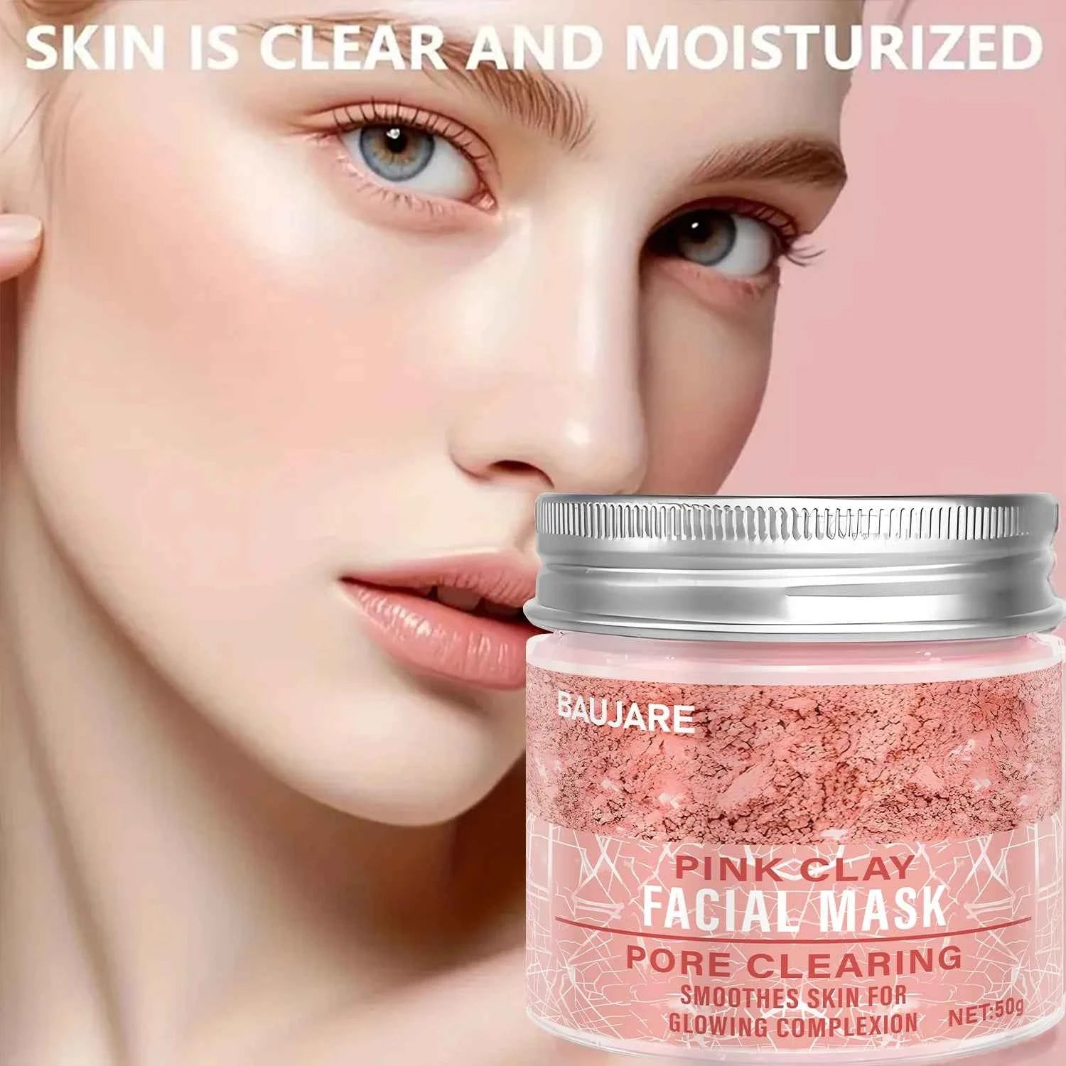 Pink Clay Facial Mask: Pore Clearing, Removes Dirt, Smooths Skin, With Collagen/Biotin for Glowing Complexion