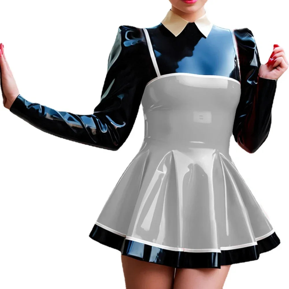 Curvy Couture Plus Size A-Line Patchwork Mini Dress - Long Puff Sleeves, PVC Leather for Night Out Style