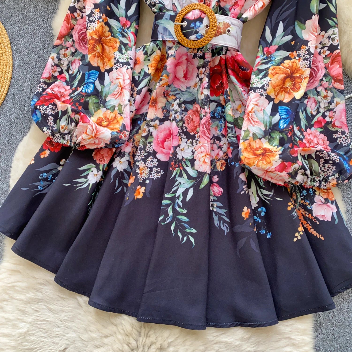 France Elegant Vintage Palace Evening Dress Women Sashes Button Print Short Party Dress Female Casual Chic Festival Clothing New