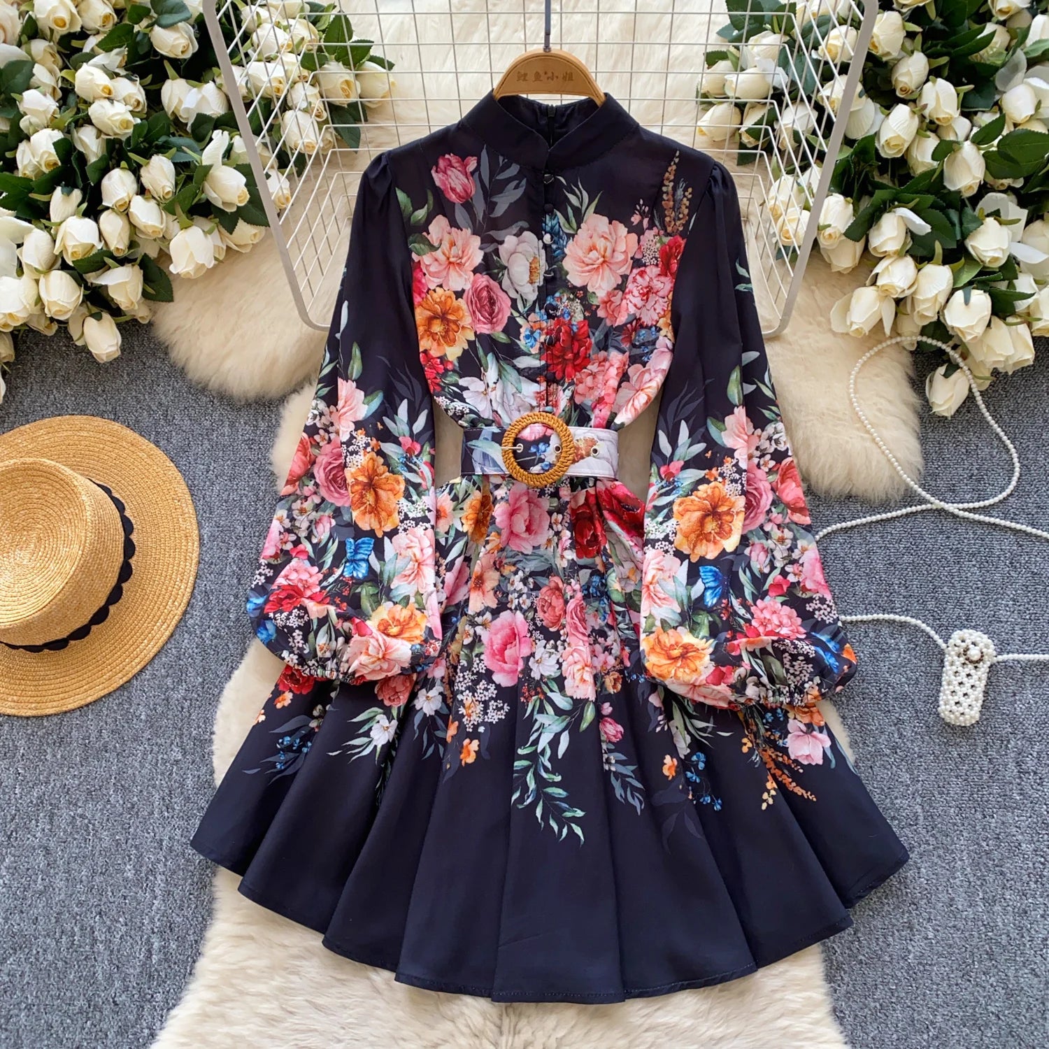 France Elegant Vintage Palace Evening Dress Women Sashes Button Print Short Party Dress Female Casual Chic Festival Clothing New