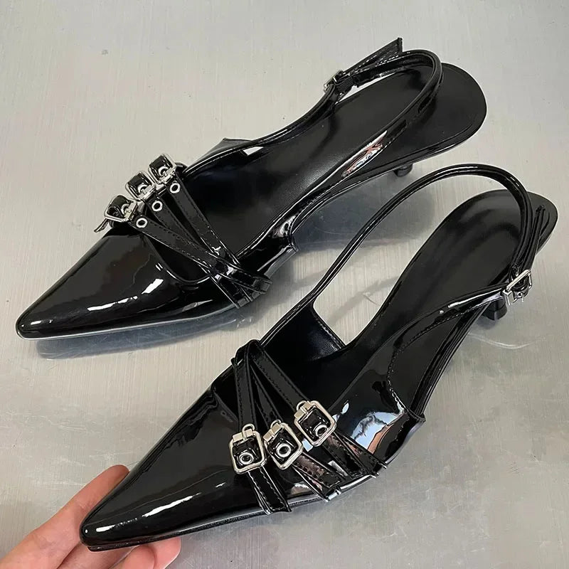 Summer New 2025 Women Sexy Party Punk Gothic Pointed High Heels PU Leather Casual Bar Striptease Ladies Sandals Beach Slippers