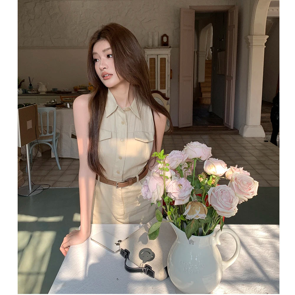 Elegant Moments Spring Summer Sleeveless Office Dress - Chic Turn-down Collar for Effortless Style at Evening Parties