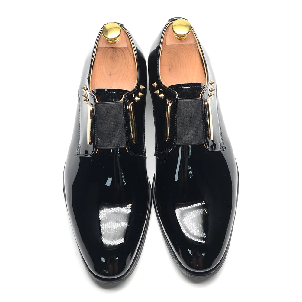Luxury Men's Party Evening Dress Shoes 2024 Natural Cowhide Patent Leather Gold Rivets Suits Loafers Elastic Band Slip-on Derby