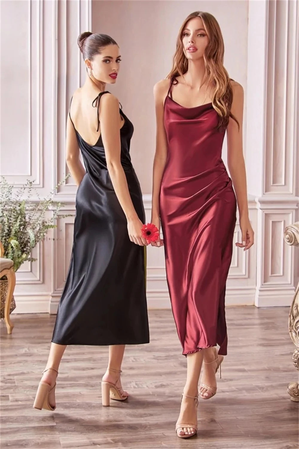 MisShow Sage Green Satin Cowl Neck Midi Dress with High Slit & Tie Straps for Stunning Evening Looks