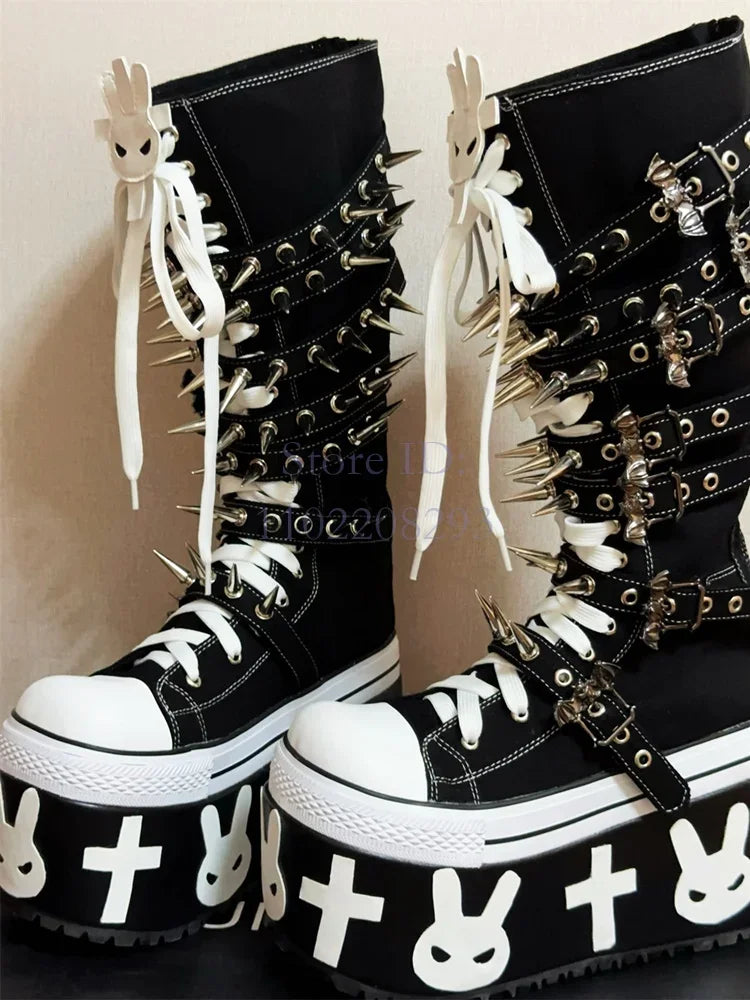 Cross Rivet Knee-high Boots Punk Round Toe y2k Platform Devil Angel Canvas Shoes Lace-up Women's Motorcycle Boots 2025 Halloween