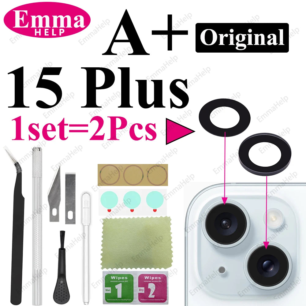 Sapphire Camera Lens Glass for iPhone 15/14/13/12/11 Pro Max Plus Mini - Complete Repair Kit with Adhesive