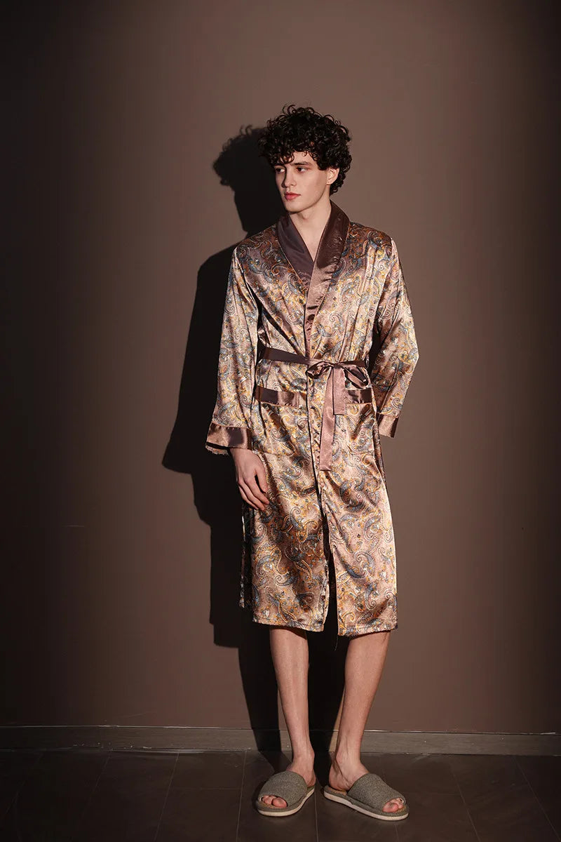 Men's Thin Bathrobe High Quality Nightrobes One-Piece Robe Male Loungewear Gents Spring and Autumn New Ice Silk Printed Pajamas