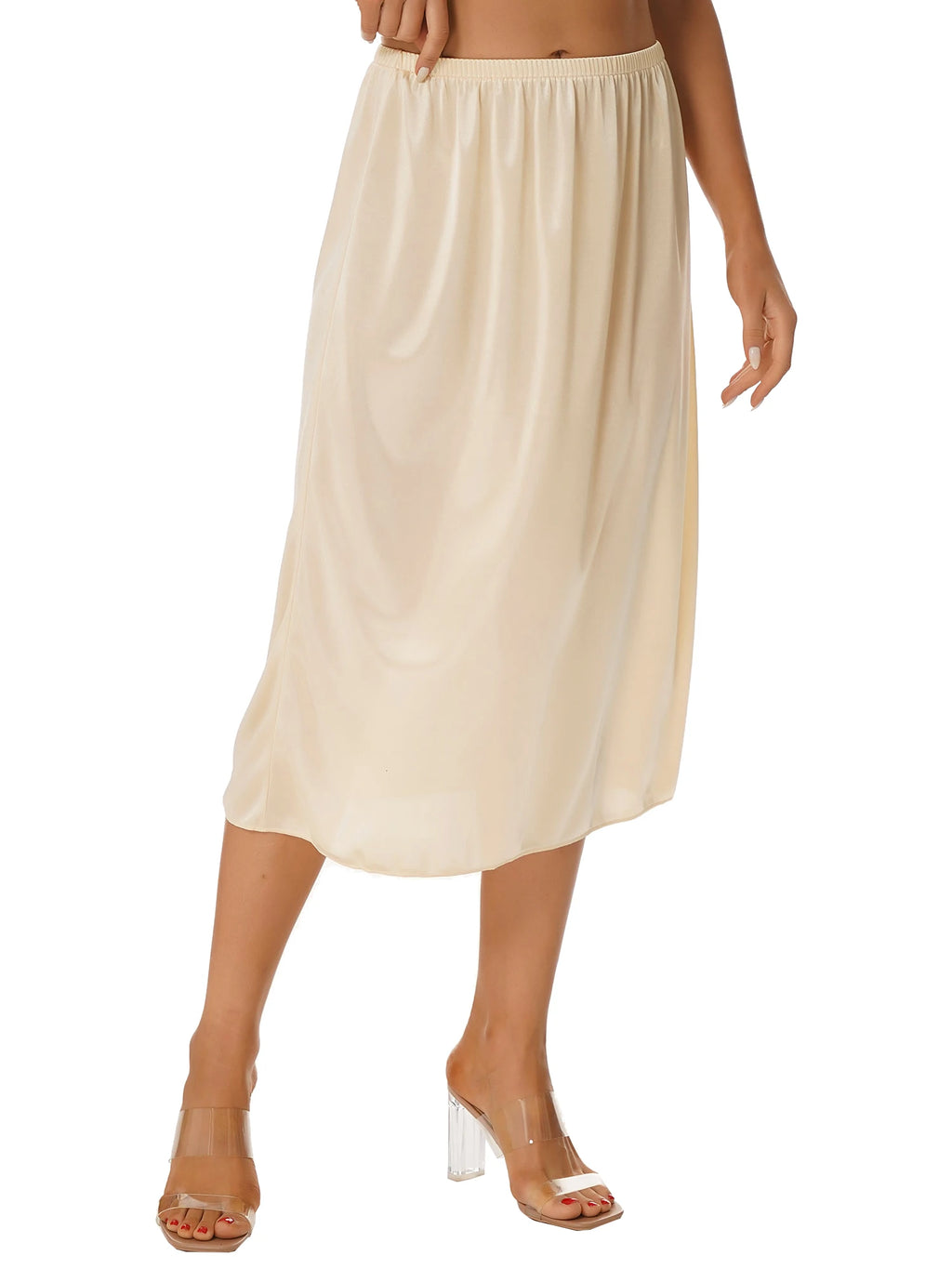 Womens Petticoat Skirt Solid Half Slip Underskirt Summer Elastic Waist Inner Lining Midi Skirt Long Underskirt for Party Dress