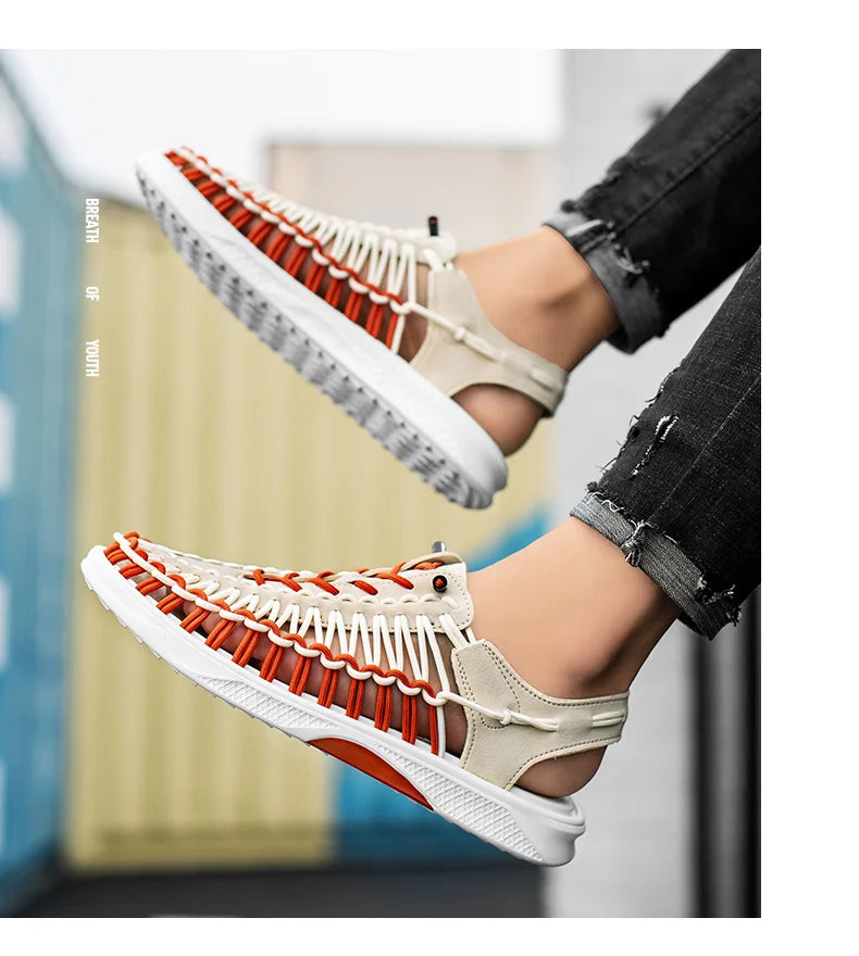 2023 Summer Men's  Sandals Lace Up Hand Woven Sandals Thick Soled Soft Non Slip Casual Shoes High Quality Couple Beach Shoes