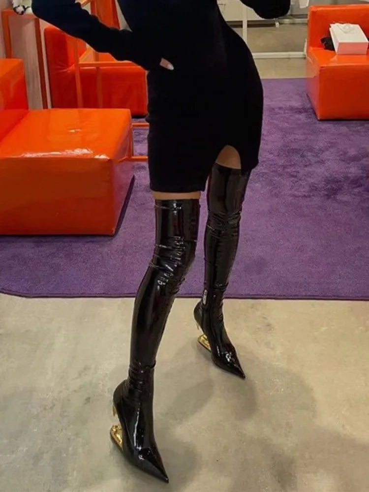 Women's Pointed Tiger Teeth Heel Knee High Elastic Boots Fashionable Over-the-Knee Super High Heel Banquet Show Shoes Autumn Winter